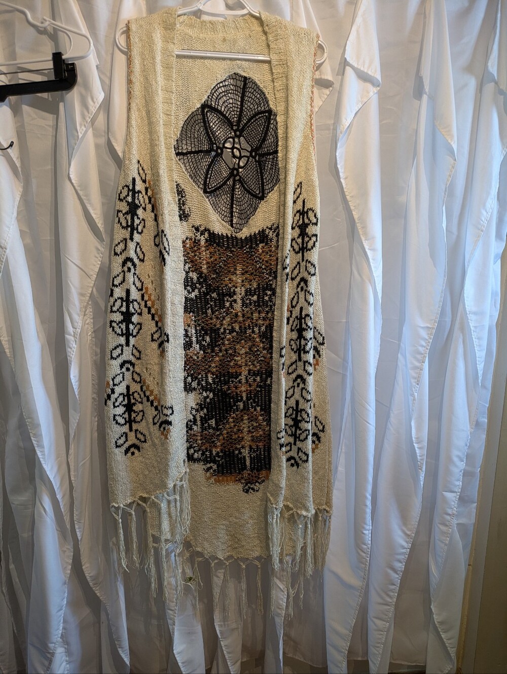 D4 *Flaw* Artisan Crafted by Democracy Boho Knit Fringed Duster Vest Cardigan L